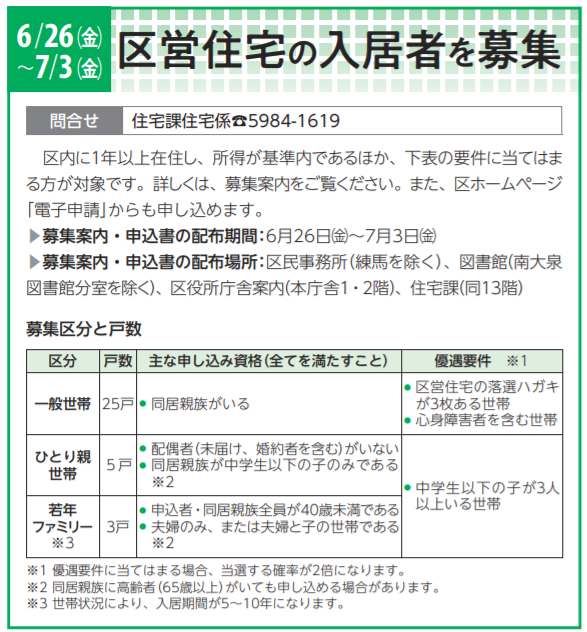 区営住宅の入居者募集が始まります！☆募集案内・申込書の配布期間：6 
