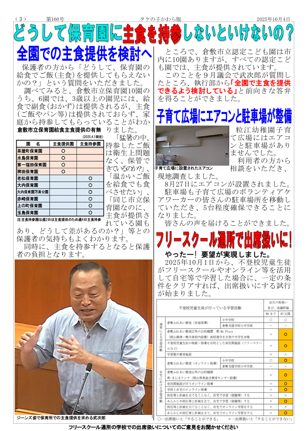 市政報「タケの子かわら版第160号」を発行【倉敷市議会議員】2025.10.4