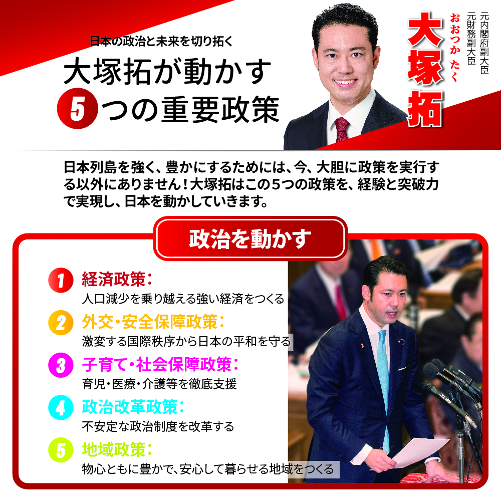 衆院選埼玉９区立候補者大塚拓の主要政策のインフォグラフィックです。